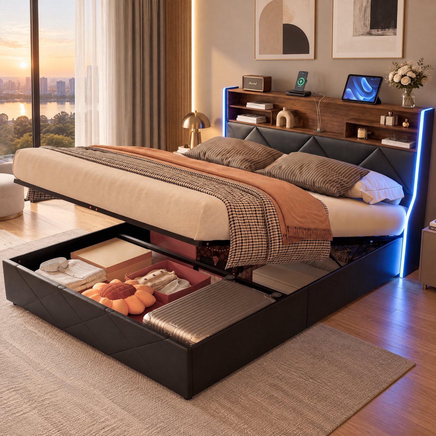 MEXUS Opbergbed 160x200 cm met ledverlichting en USB-poort, Tweepersoonsbed gestoffeerd met hoofdbord, bedframe met opbergruimte en lattenbodem, PU-materiaal, Zwart