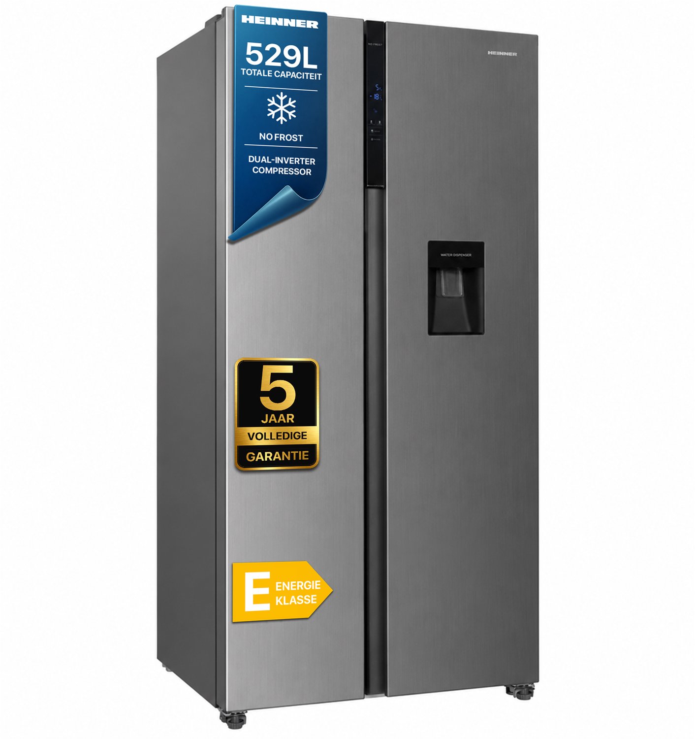 Heinner HSBS-HM529NFXWDE++ Amerikaanse Side-by-Side Koelkast 529 L – Full No Frost – Waterdispenser – LED Touch Display – Dual Inverter – RVS – 5 Jaar Garantie