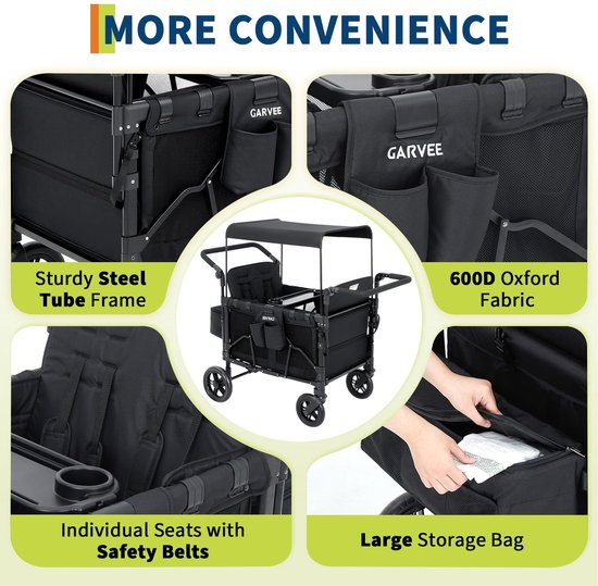 Kinderwagen 4‑zits All‑Terrain - Opvouwbaar - 360° wielen - Vijfpuntsgordel - Verstelbare duw‑ en trekhendel - Verwijderbare kap - Snackblad - XXL opbergruimte — afbeelding 2