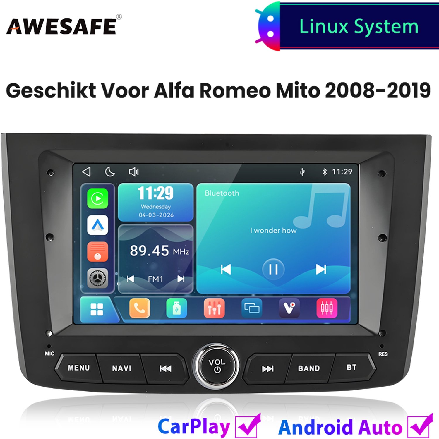 Awesafe Autoradio - Geschikt Voor Alfa Romeo Mito 2008 t/m 2019 - Draadloos Carplay Android Auto - Linux systeem - 7 Inch Touchscreen - FM Radio Bluetooth EQ SWC Wifi Airplay - 2008 2009 2010 2011 2012 2013 2014 2015 2016 2017 2018 2019 - Zwart