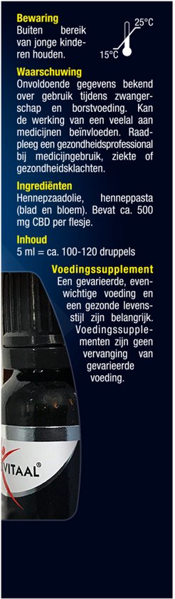 Bewaarinstructies en waarschuwingen voor hennepzaadolie CBD 10%. 5 ml, 100-120 druppels.