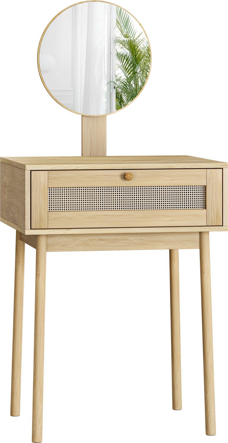 Kaptafel Met Spiegel - Rotan Kaptafel Met Opberglade - Compacte Kaptafel Voor De Slaapkamer - Make Up Tafel In Natuurlijke Eikenkleur