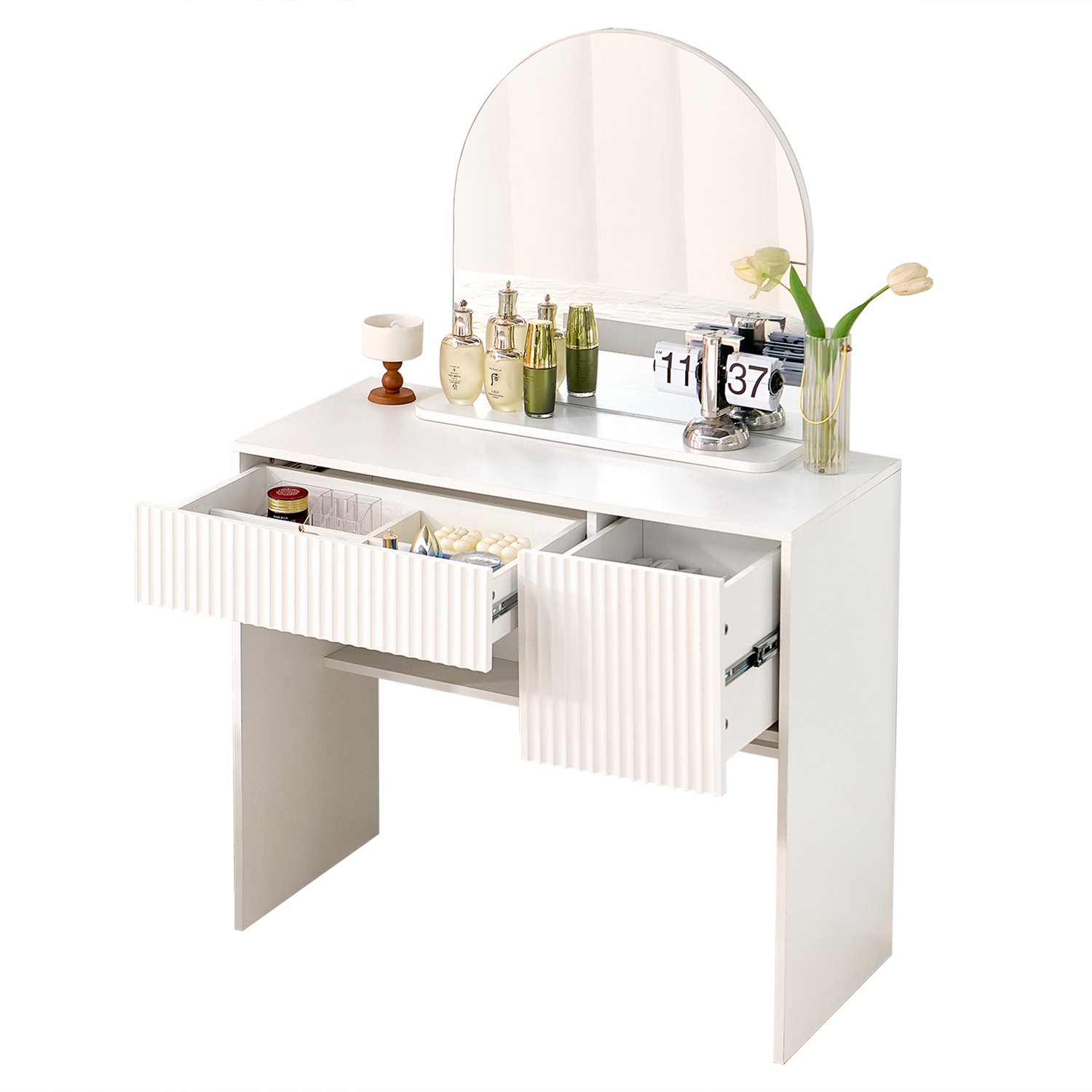 Kaptafel Met Spiegel - Make Up Tafel Met Twee Lades En Open Legplank - Voor Slaapkamer Of Dressing - Wit MDF 90 X 40 X 135 Cm