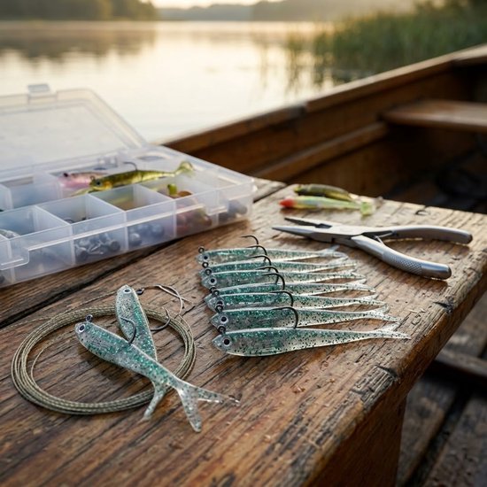 Grijs transparant kunstaas 20 stuks – zachte visvormige shads met glitters en enkele haken – soft bait vis aas met gespleten staart voor zoetwater zoutwater roofvissen en hengelsport — afbeelding 2