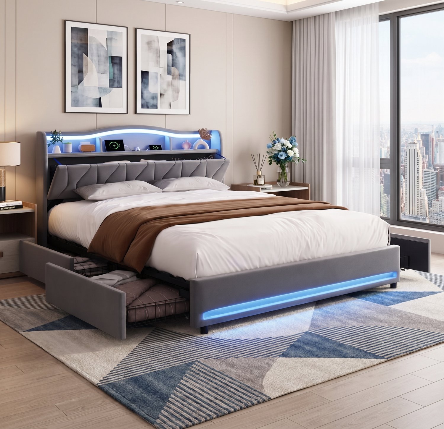 Opbergbed 160x200 cm met opbergruimte, Tweepersoonsbed met ledverlichting, USB-poort en 4 lades, Gestoffeerd bedframe 160x200, fluweel Grijs