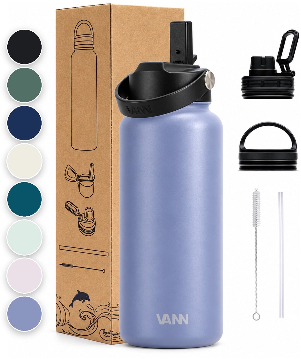 Bol.com VANN® 3-Wandige Drinkfles 1 liter met rietje voor volwassenen – Met 5 accessoires + 25 recepten – Thermosfles – 24 uur k... aanbieding