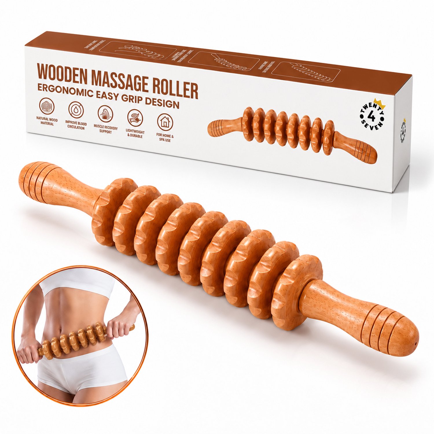 Twenty4seven® Houten Massage Roller & Stok - 9 Rollers - Anti Cellulite Apparaat voor Benen, Rug & Buik - Zelfmassage