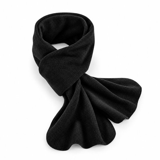 Zwarte fleece sjaal, gevouwen met de uiteinden zichtbaar.