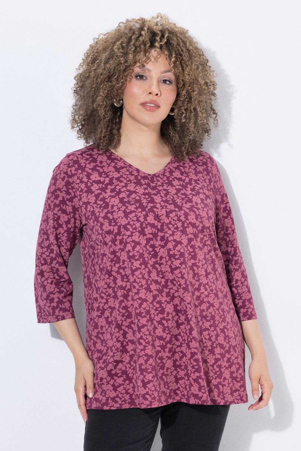 Ulla Popken - Dames - T-shirt A-lijn V-hals sierplooien 3/4-mouw - Donker bes - Maat 46+