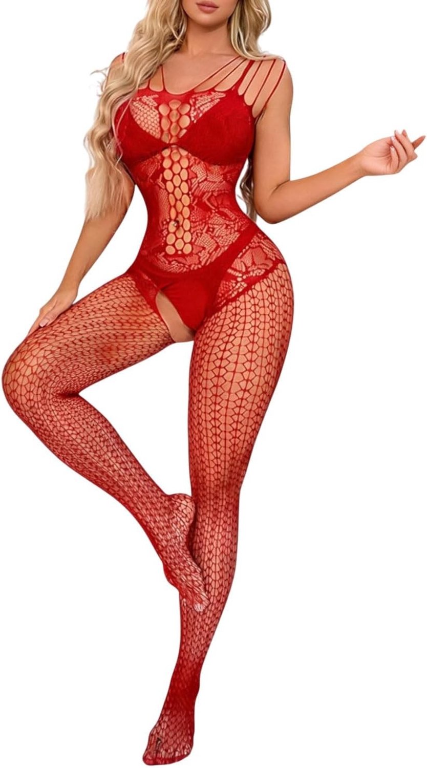 Sexy Strumpfband Onderwäsche voor Dames, Bodystocking met Fischernetz en Spitze, Ideaal voor Nachtkleding en Verleidelijke Avonden