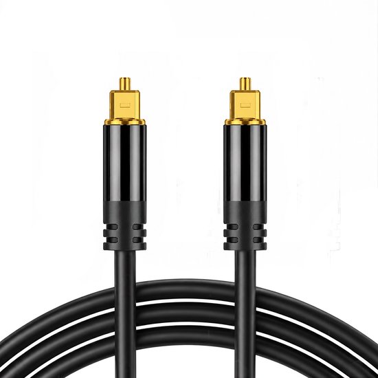 Zwarte optische audiokabel met gouden Toslink-connectoren aan beide uiteinden. De kabel is 1 meter lang.