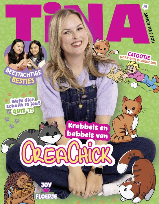 Tina Magazine Nr. 38 met Dutchtuber Job. Vrolijk gekleurde cover met illustraties van katten en een konijn.