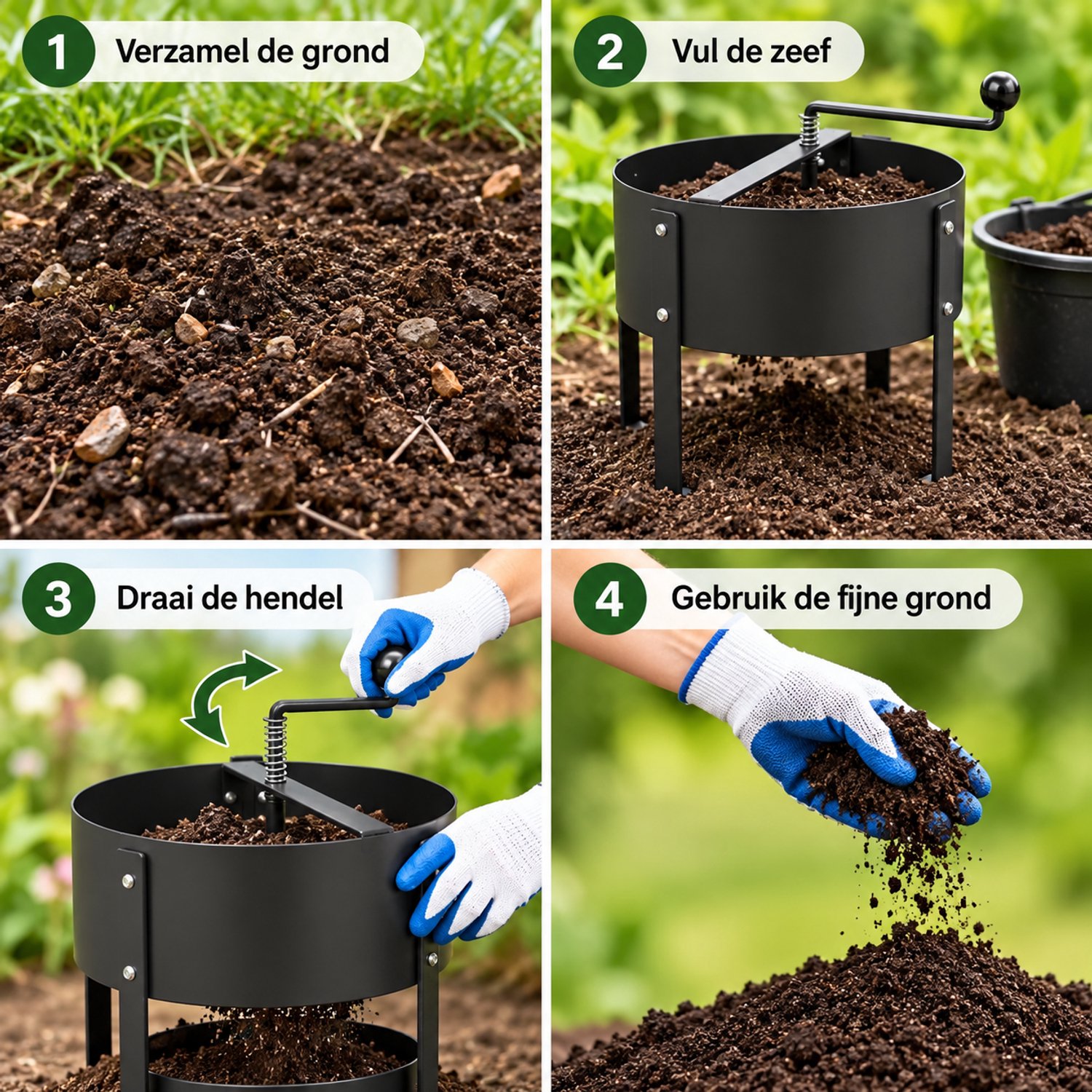D.M.store Compostzeef met Handslinger - Roterende Grondzeef 41 cm - Voor Compost, Aarde en Tuingrond - Zwart