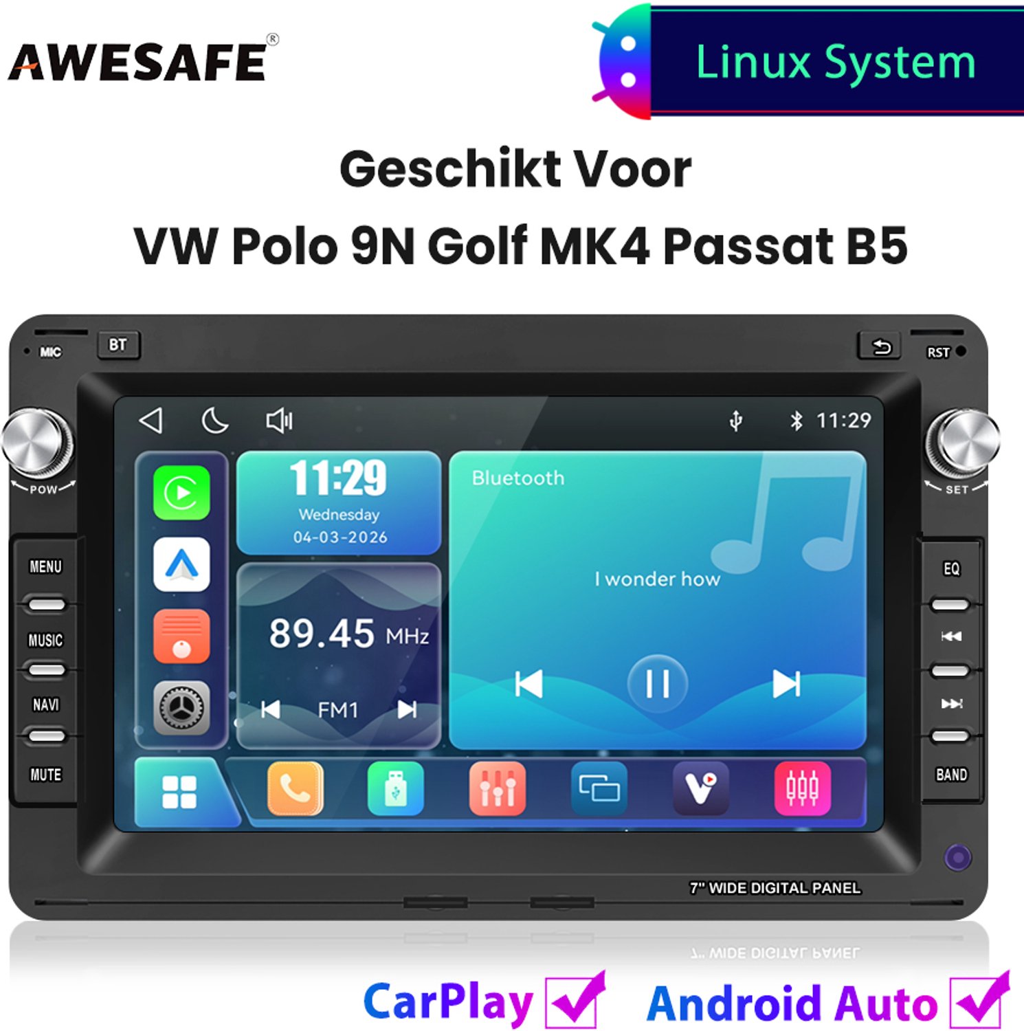 Awesafe Autoradio - Geschikt Voor Volkswagen VW Polo 9N Golf MK4 Passat B5 - Draadloos Carplay Android Auto - Linux systeem - 7 Inch Touchscreen - FM Radio Bluetooth EQ SWC Wifi Airplay