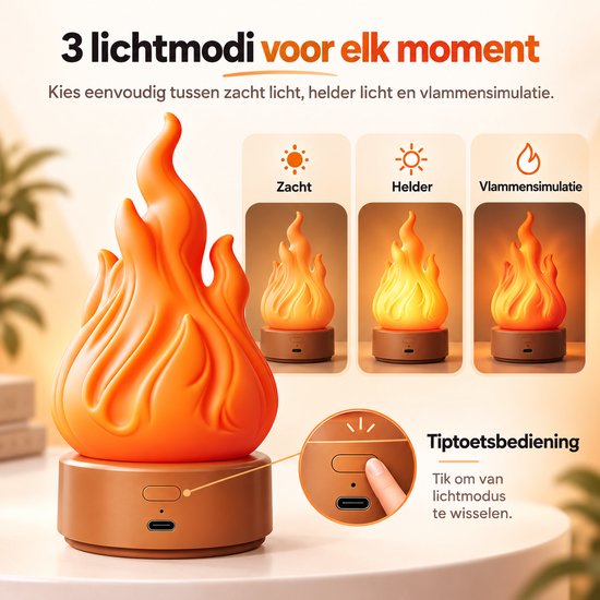 Vlammen Nachtlamp - Oplaadbare LED Sfeerlamp - 3D Vlammensimulatie en 3 Lichtmodi - Draagbare Decoratieve Vlam Lamp voor Binnen en Buiten - Oranje kleur van Bobypet — afbeelding 5
