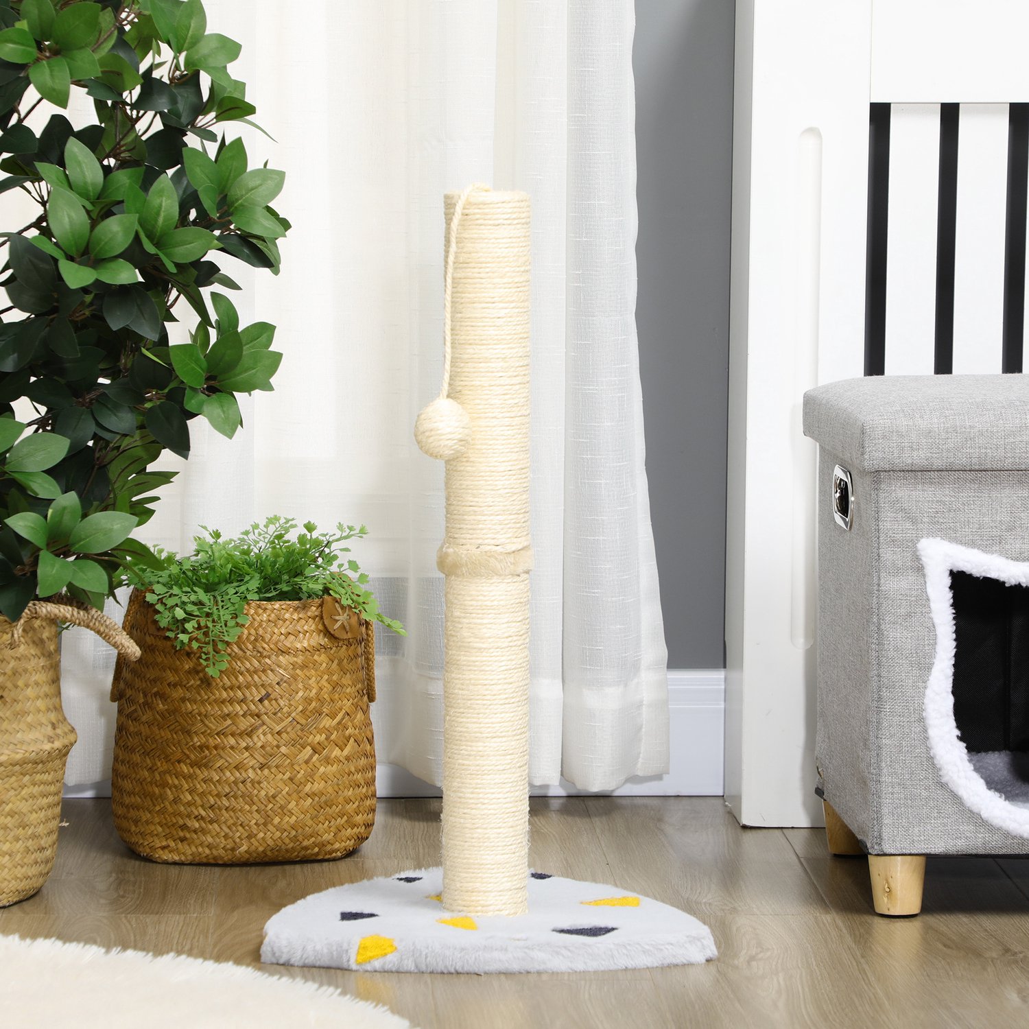 Pawona Krabpaal met speelbal en sisaltouw - 35 x 35 x 62 cm - Lichtgrijs/Beige