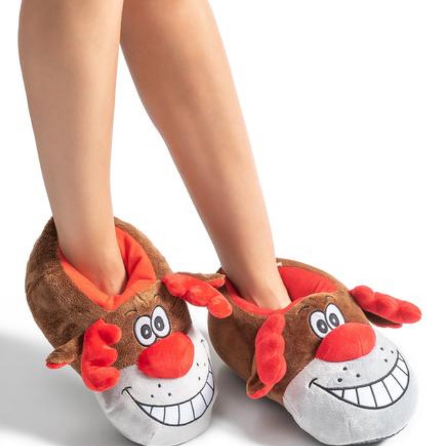 Berussa - Twigy Happy Unisex Pluche Eland Sloffen - Schattige Rendier Dieren Pantoffels - Bruin & Rood - Cadeau - 36/43