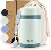 Lichtgroene VANN thermosbeker met blauwe rand en lepel, inclusief opbergzak en doos.