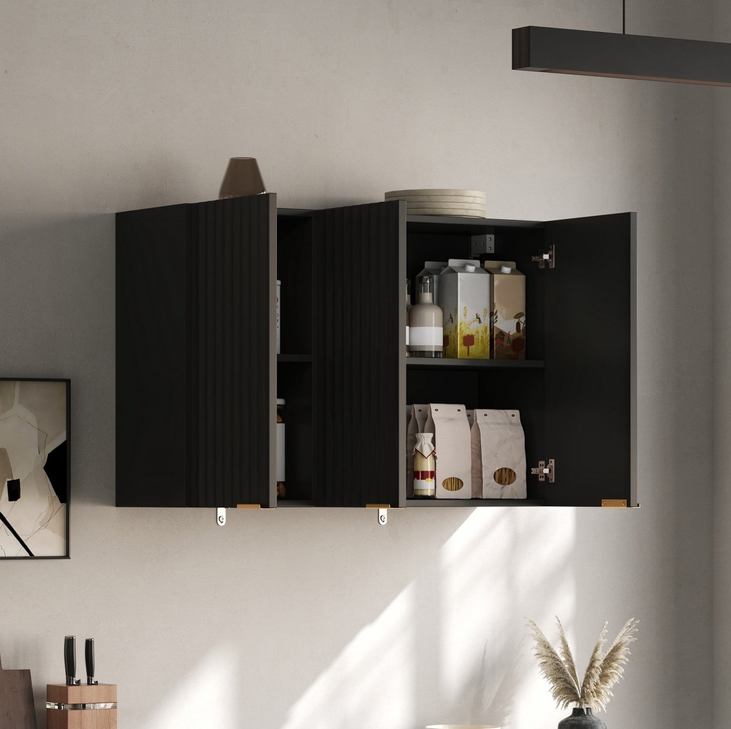 Keukenkast - Wandmontage met 3 Deuren voor Gesloten Opbergruimte - voor Keuken, Badkamer en Wasruimte - MDF - 90 x 29 x 60 cm - Zwart