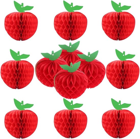 Twaalf rode appelvormige honingraat decoraties met groene blaadjes.
