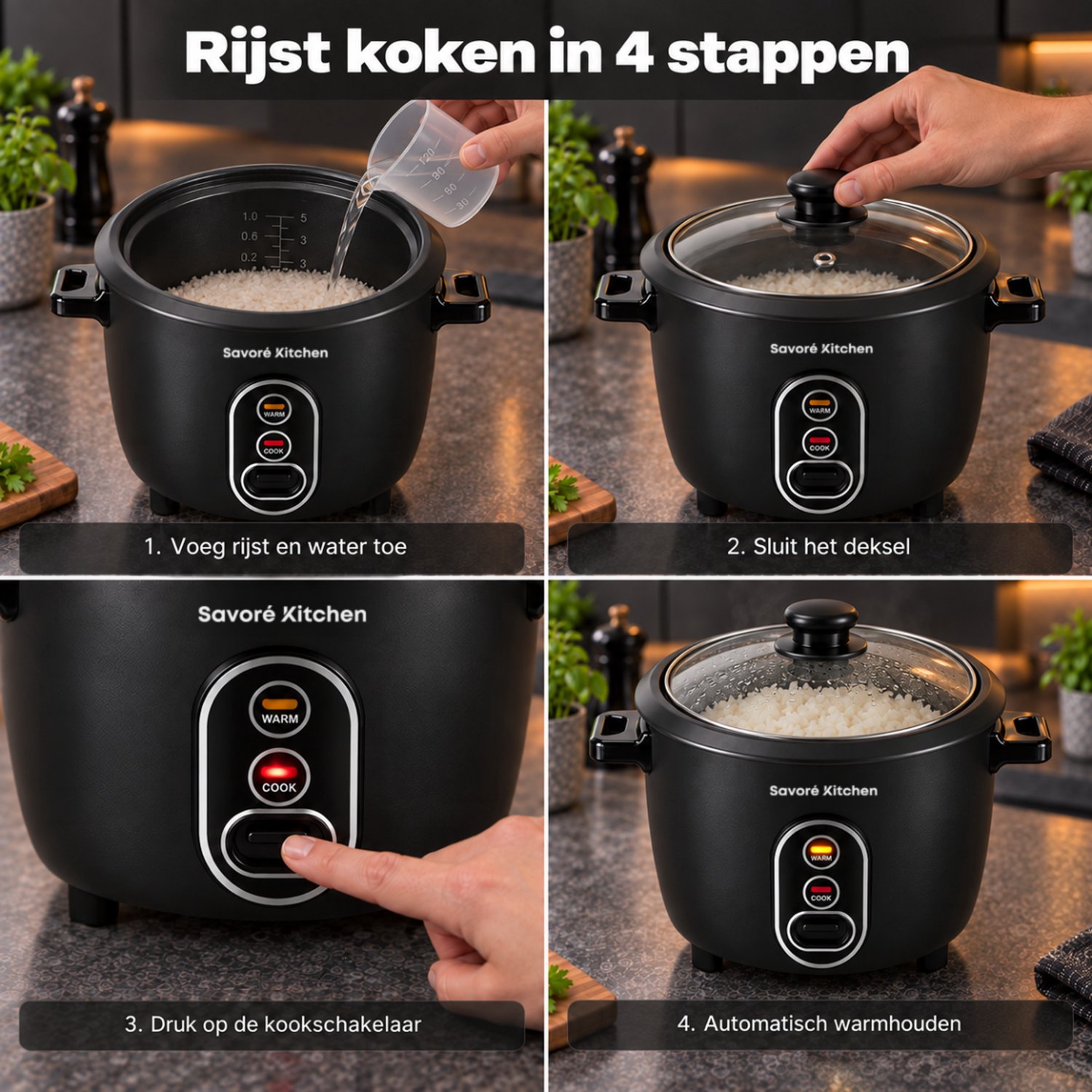 Savoré Kitchen Rijstkoker 1 Liter PFAS-vrij - Rice Cooker Klein voor 5 Porties - Warmhoudfunctie - Zwart thumbnail 5