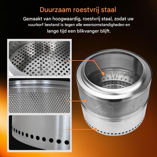 Zilverkleurige, duurzame vuurkorf van roestvrij staal, ontworpen voor buiten, met gedetailleerde close-ups van het ventilatiesysteem en de binnenpot.