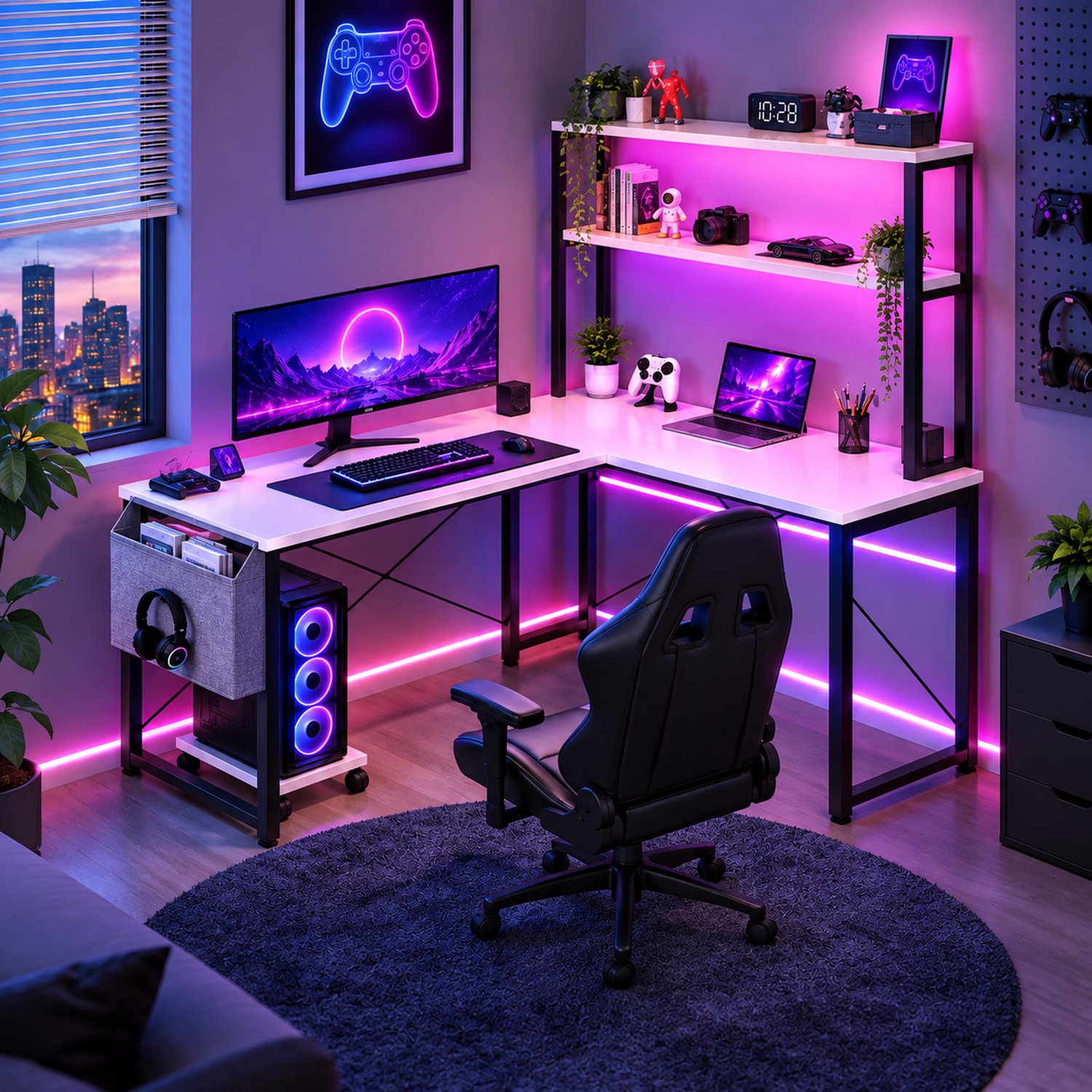 Parasha Nova Bureau - Hoekcomputerbureau in L-vorm met RGB-ledverlichting - stopcontacten en USB-poorten - inklapbaar tafelblad - opbergplank en computerhouder, voor gebruik in een thuiswerkplek, eenvoudig te monteren - wit.