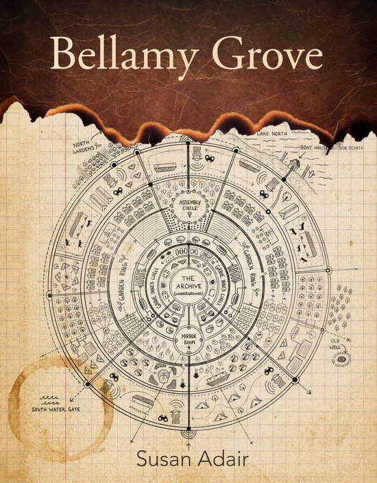 Kaart van Bellamy Grove op verbrand papier met een cirkelvormig stratenplan van Susan Adair.