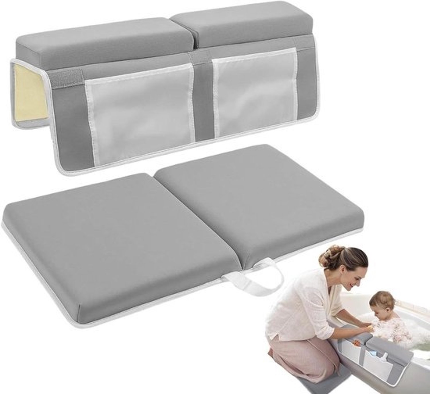 Badmat met kniekussen - Comfort voor babybad - Voor babyverzorging - Antislipschuim - 40 x 28 cm - Grijs