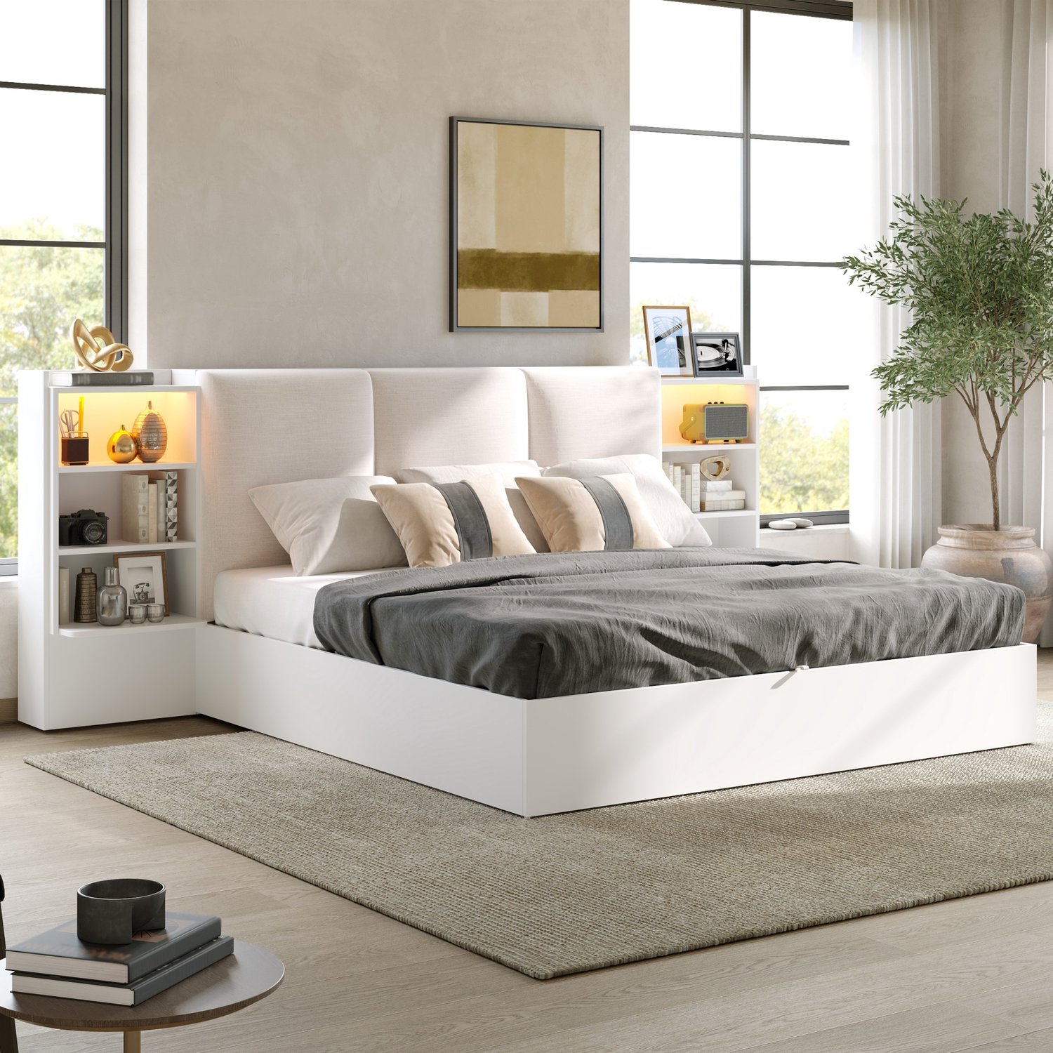 MUVANO Opbergbed 180x200 cm - wit platformbed met gestoffeerd hoofdbord - hydraulische opbergruimte - 6 vakken - LED-verlichting in 7 kleuren - slaapkamer