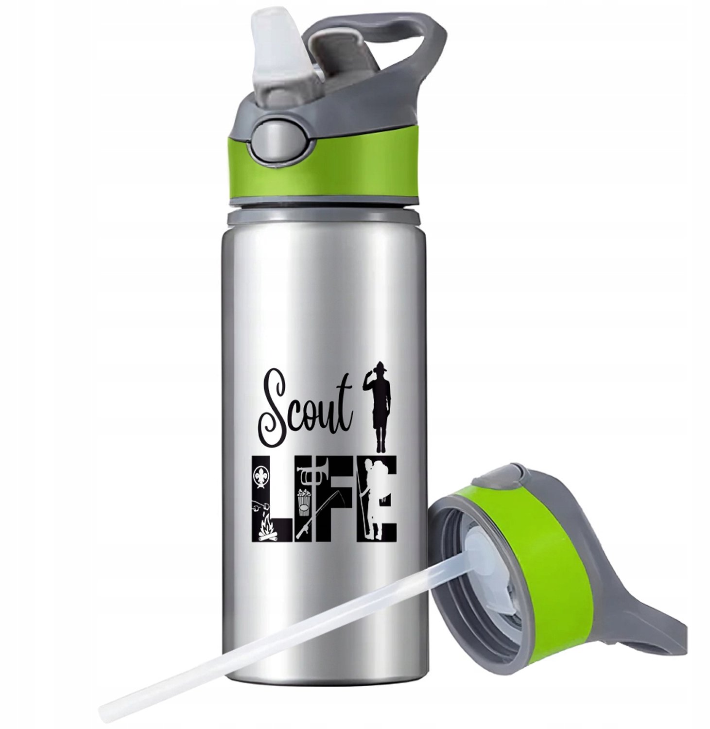 Sportbidon 650ml Aluminium met Rietje & Handvat - Zilver