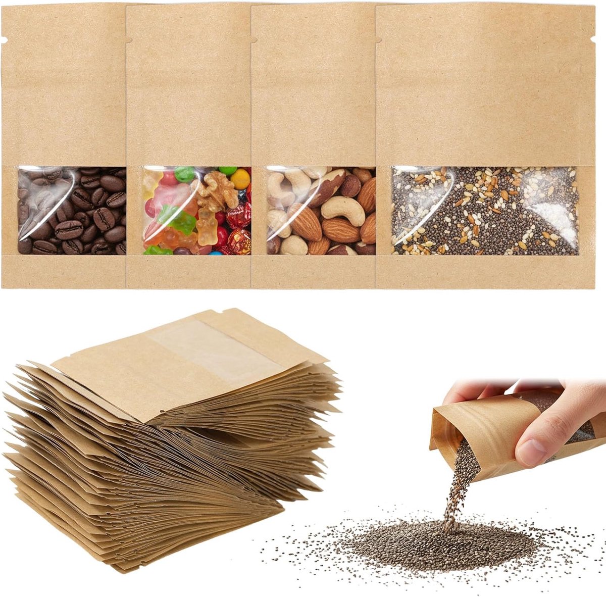 100 stuks Kraftpapieren zakken met venster Kleine koekjeszakken Papieren koekjeszakken Kraftpapier verpakkingszakken - ShopVlot