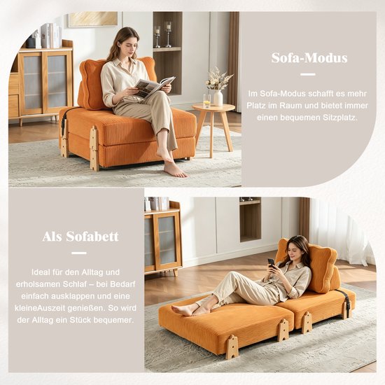 Een vrouw zit op de oranje slaapfauteuil en ligt op de uitgevouwen slaapbank.