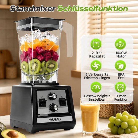 Krachtige Blender 2 Liter - Professionele Smoothie Maker met 6 RVS Messen, Timer en Snelheidsregeling, 1800W — afbeelding 2
