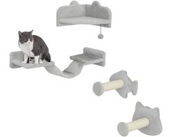 PawHut Katzen Kletterwand Set, 4-teilig Katzenmöbel mit Stufen, Leiter, Sprungtürmen, Kratzbäumen, Spielball, Sisal, für Katzen bis 5 kg, Hellgrau