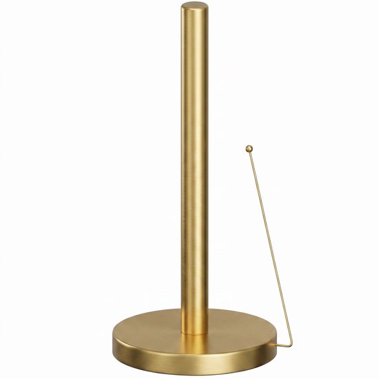 Gouden keukenrolhouder met ronde basis en staander met anti-rol arm.