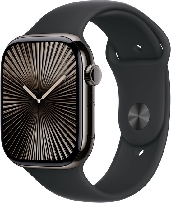 Zijaanzicht van Apple Watch Series 10, 46mm, titanium kast in leigrijs en zwart sportbandje met sluiting.