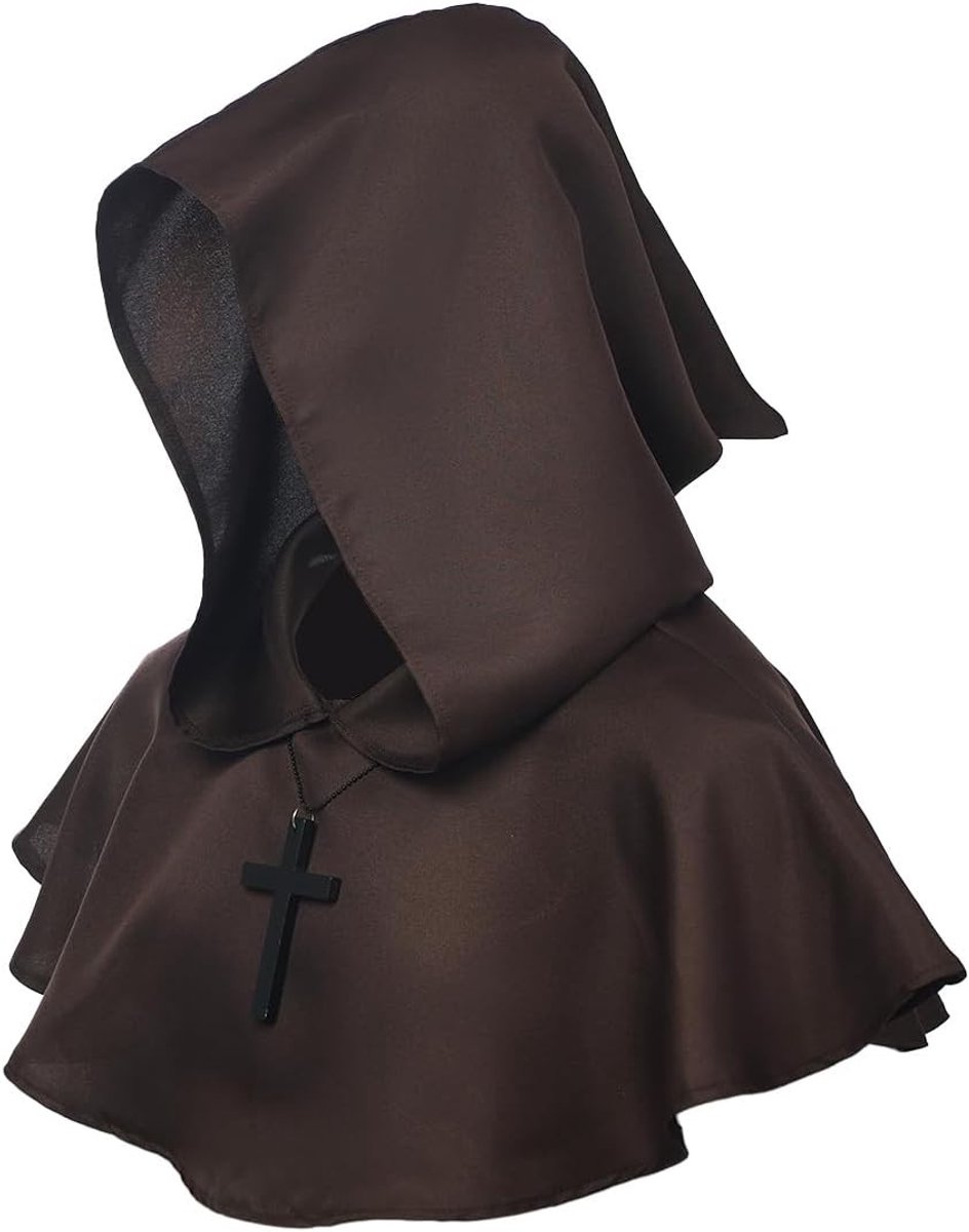 Middeleeuwse Kap met Kruis aan Ketting - Unisex, One Size, Perfect voor Cosplay en Theatrale Kostuums