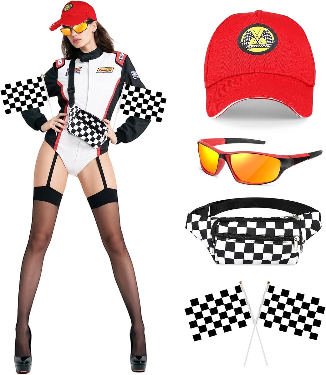 Vrouwelijk Piloten Kostuum met Taille Tas, Vliegerspet, Zonnebril en Vlaggenmotief voor Halloween en Carnaval Cosplay Outfit