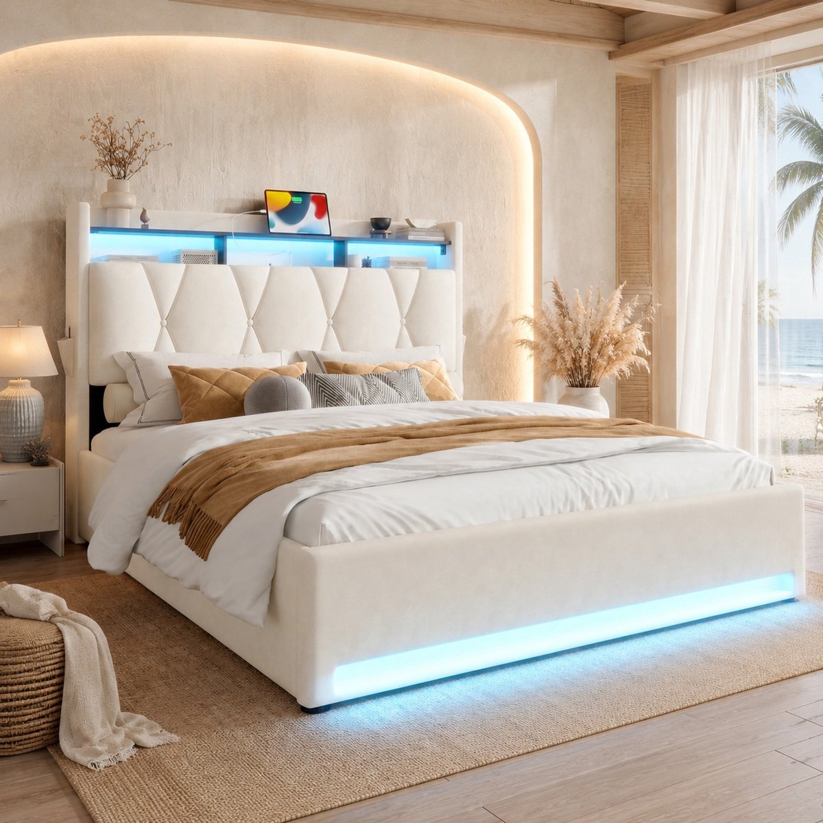 COVREO Gepolsterter bedframe 140x200cm met LED-beweging, USB Type-C, opbergruimte en verstelbare lattenbodem - Beige - Zonder matras