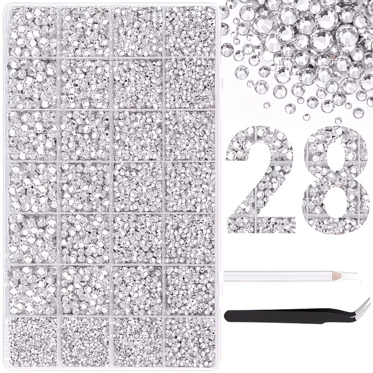 Currero Bedazzle Kit - Bedazzling - Plakstenen - Strass Steentjes - DIY Versieren - Set Met 18.000 Steentjes - 28 Vakken - Nagel Decoratie - Met Pincet En Applicator - Wit
