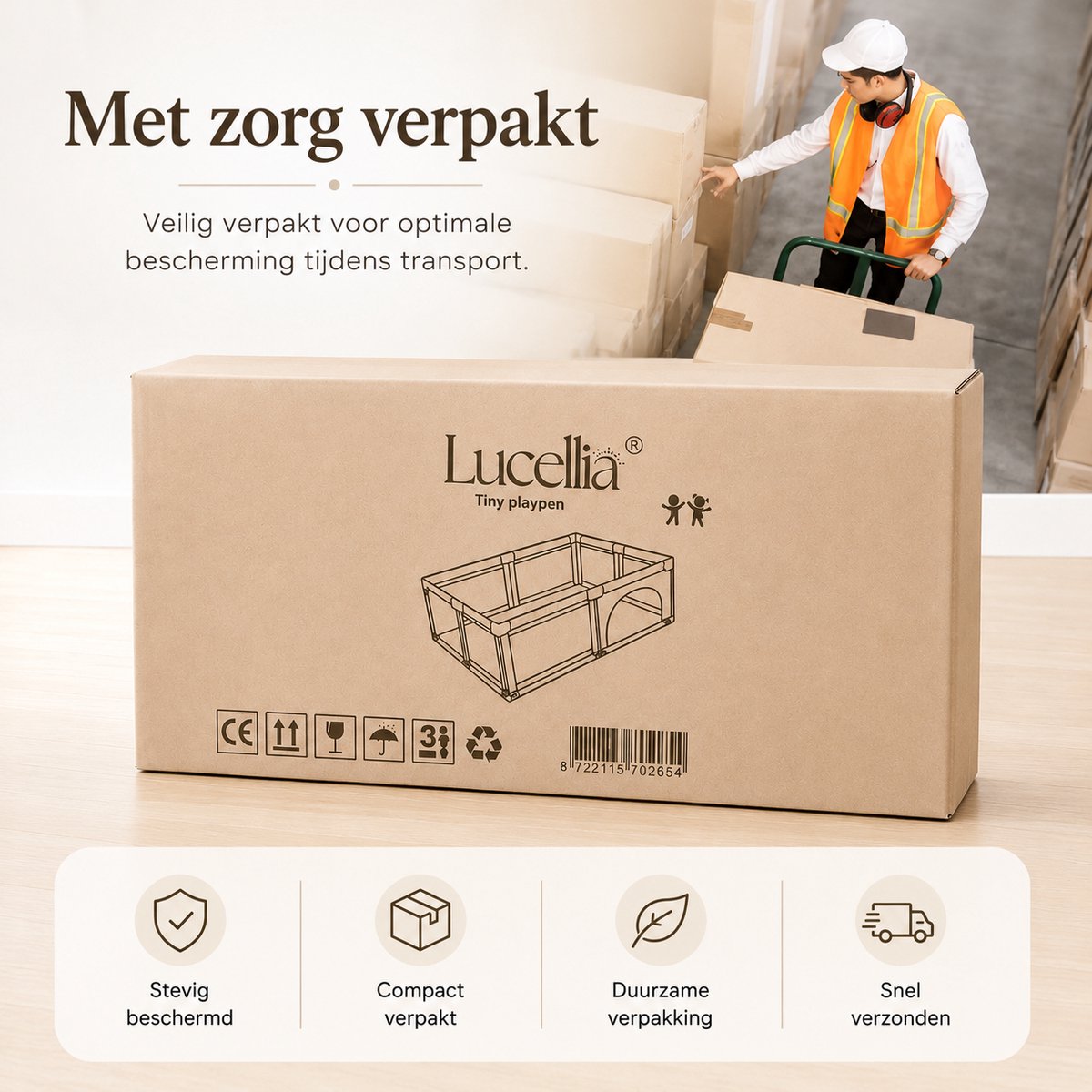 Lucellia® Grondbox Baby 120x160 cm met Dierenprint – Speelbox met Speelmat & 30 Speelballen – Kinderbox, Playpen & Baby Box – Draagtas – Beige – foto 8