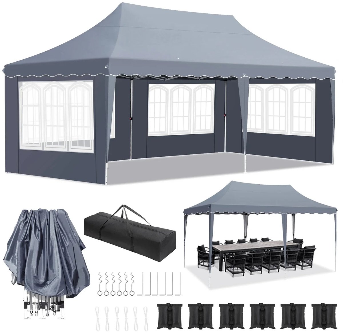 Bruinsma INEX Partytenten - Partytent Opvouwbaar - Paviljoen - Waterafstotend - UV-Bescherming - 600Lx300Bx266H CM - Grijs