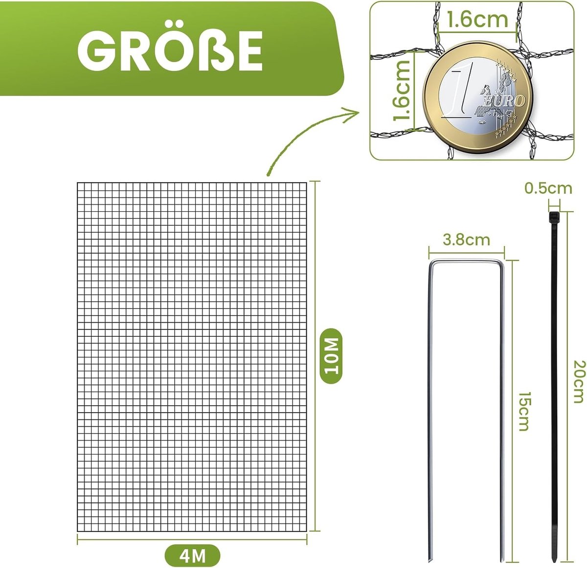 Vogelbeschermingsnet - Zwart - 4 x 10 m - Fijnmazig en UV-bestendig - Voor Tuin en Vijver