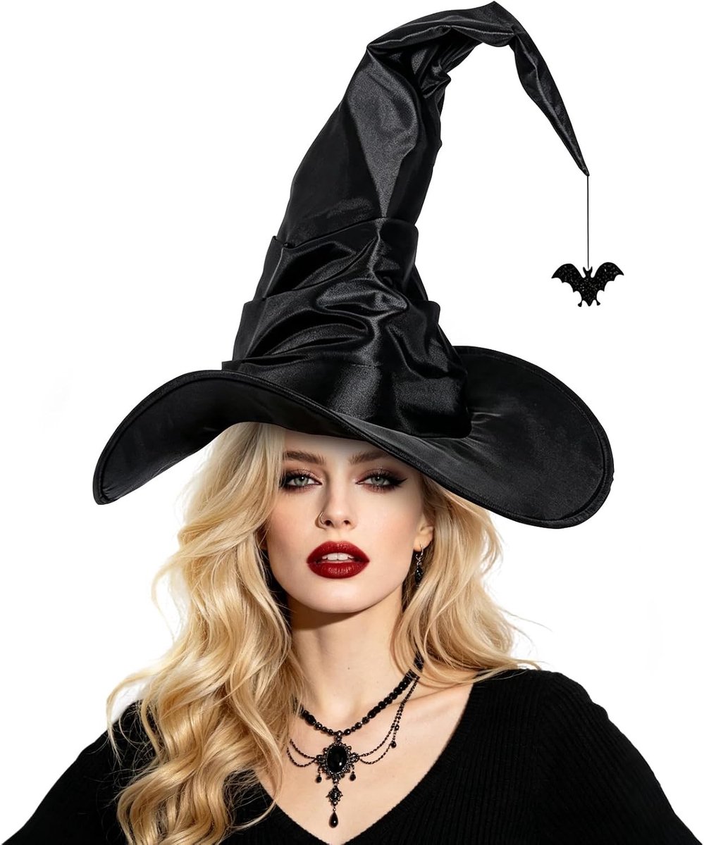 Elegante zwarte heksenhoed voor dames met brede rand en puntige top, perfect voor Halloween en kostuums