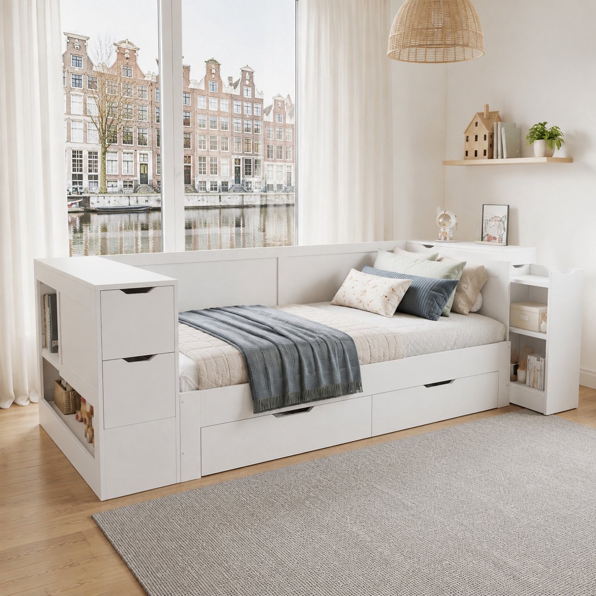 WUVRIE Bedbank 90x200 cm kinderbed met lade, opbergruimte en nachtkastje, wit