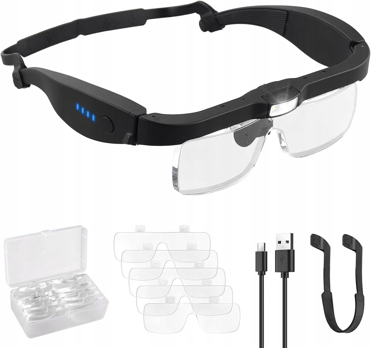 Loep Bril met Verlichting - Loeplamp Hoofdband - Hoofdloep met 3 LED - 5 Lenzen - 0,75/1,25/2/3/4x - Verstelbaar - 2 Helderheden - USB - Handenvrij - Voor Lezen & Naaien & Knutselen