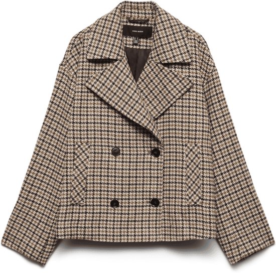Kort getailleerd damesjasje met pied-de-poule ruitpatroon in bruin, beige en zwart. Jas heeft reverskraag en dubbele knoopsluiting.