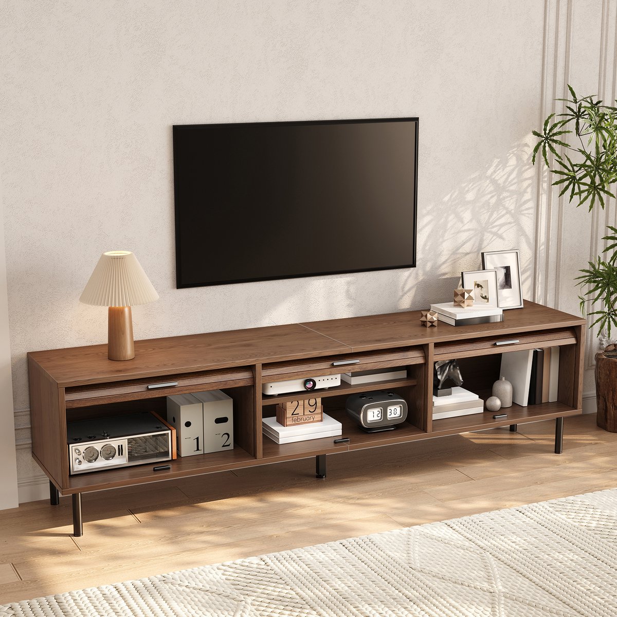REDOM - TV-meubel - 3-delig met verticaal reliëf - Opwaarts schuivende deuren - Zwarte metalen poten - Industrieel - Woonkamer - MDF en spaanplaat - Walnoot - 180 x 40 x 55 cm