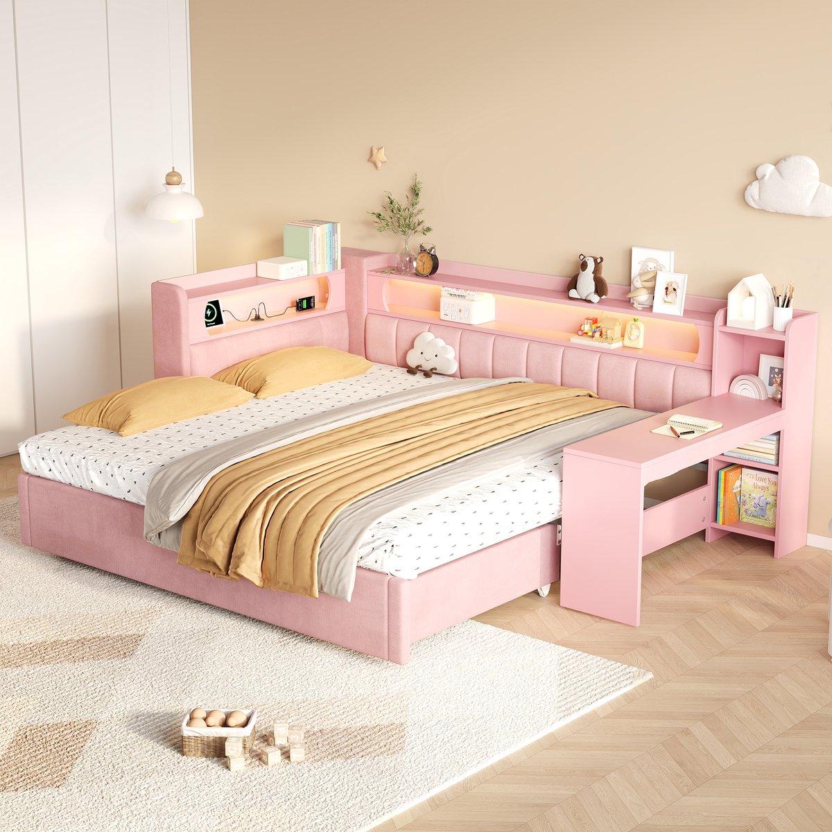 REDOM - Bed - Uitschuifbaar van 90 x 200 tot 180 x 200 cm - Met bureau, USB en LED-verlichting - Lattenbodem - MDF en stof - Roze - 243,5 x 188,5 x 93,5 cm